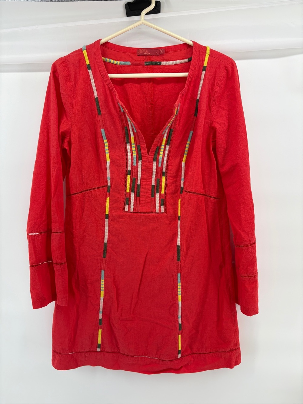 prAna Womens Embroidered Long Tunic Size S Reddish Orange Lightweight